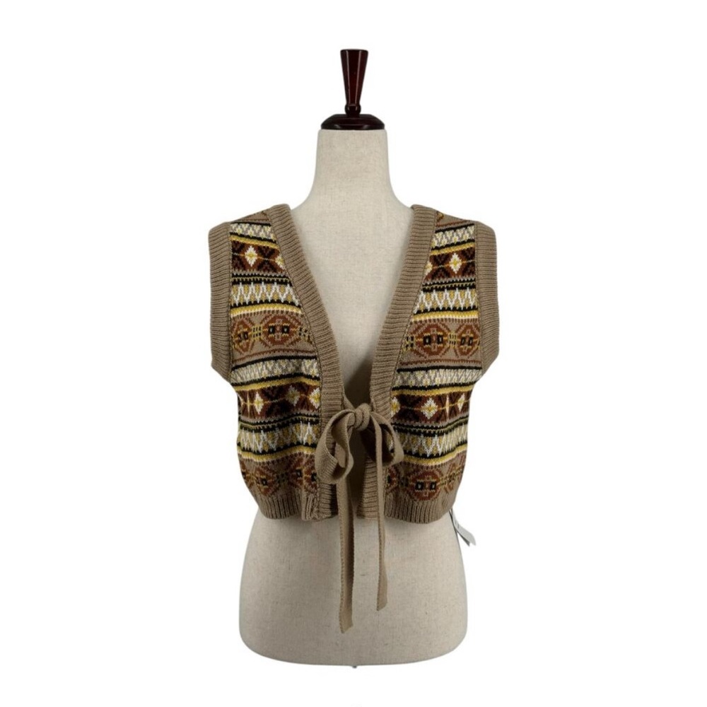 Cider Cropped Sweater Vest Tie Front L Cottagecore Winter Academia - Picture 1 of 3